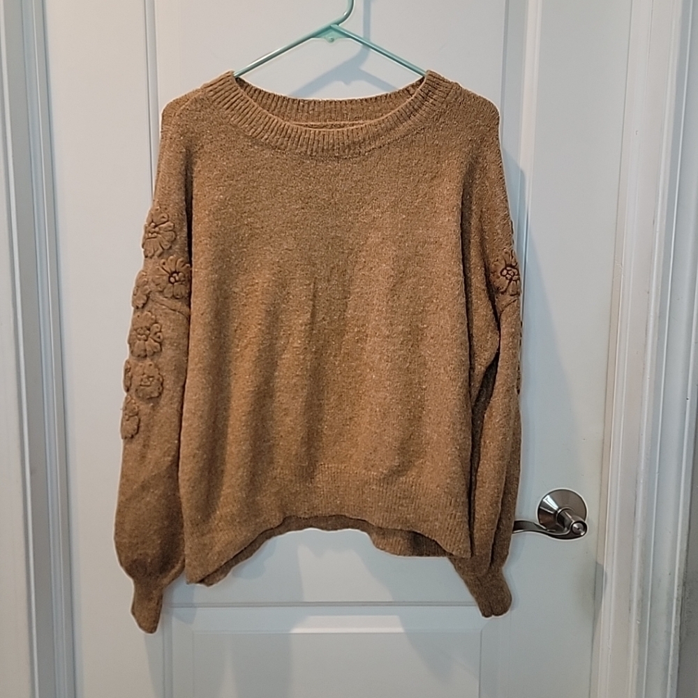 Cozy Tan Sweater with Floral Sleeves Size XL